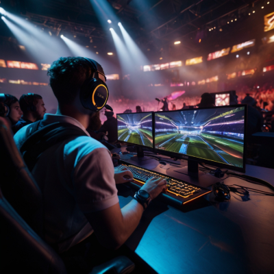 An eSports player in front of keyboard and two monitors