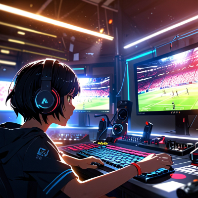 An animated gamer with headphones in front of a keyboard and two monitors
