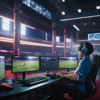 A player in a large hall, playing in front of three monitors