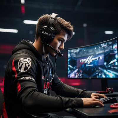 An eSports player with headphones and microphone
