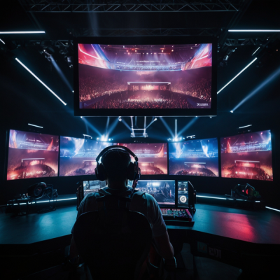 A gamer in front of one large and five smaller monitors