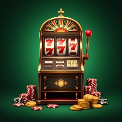 A retro slot machine surrounded by chips