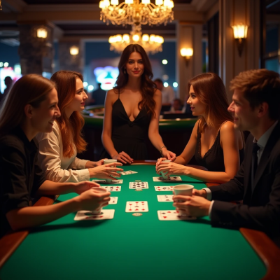 Four women and a man play a card game in a casino