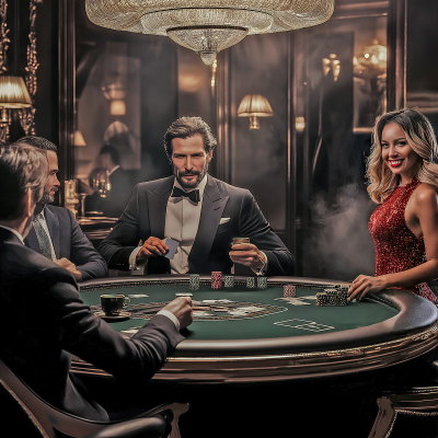 Three men and a woman play poker in a sophisticated casino room