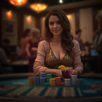 Woman in casino room holding cocktail behind playing chips