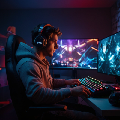 A gamer with headphones playing a video game in front of two monitors