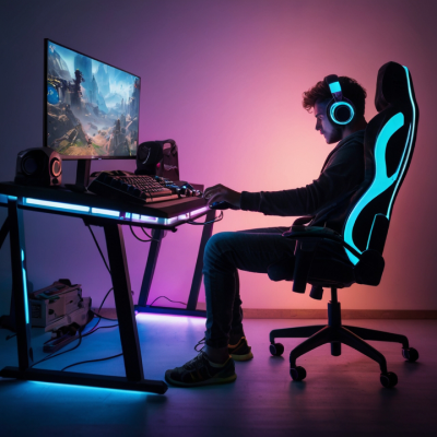 A gamer playing on a PC, surrounded by glowing neon lights