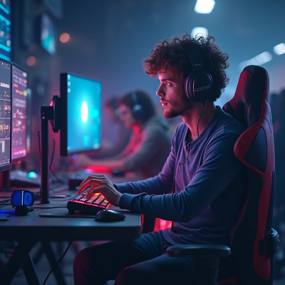 A gamer focused on playing using a glowing keyboard