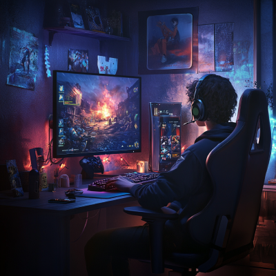 A gamer playing on a PC, surrounded by gaming posters