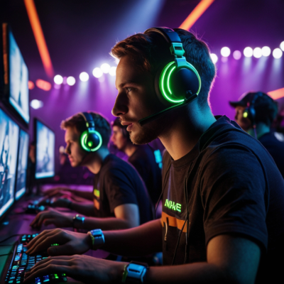 Excited gamers in front of multiple monitors