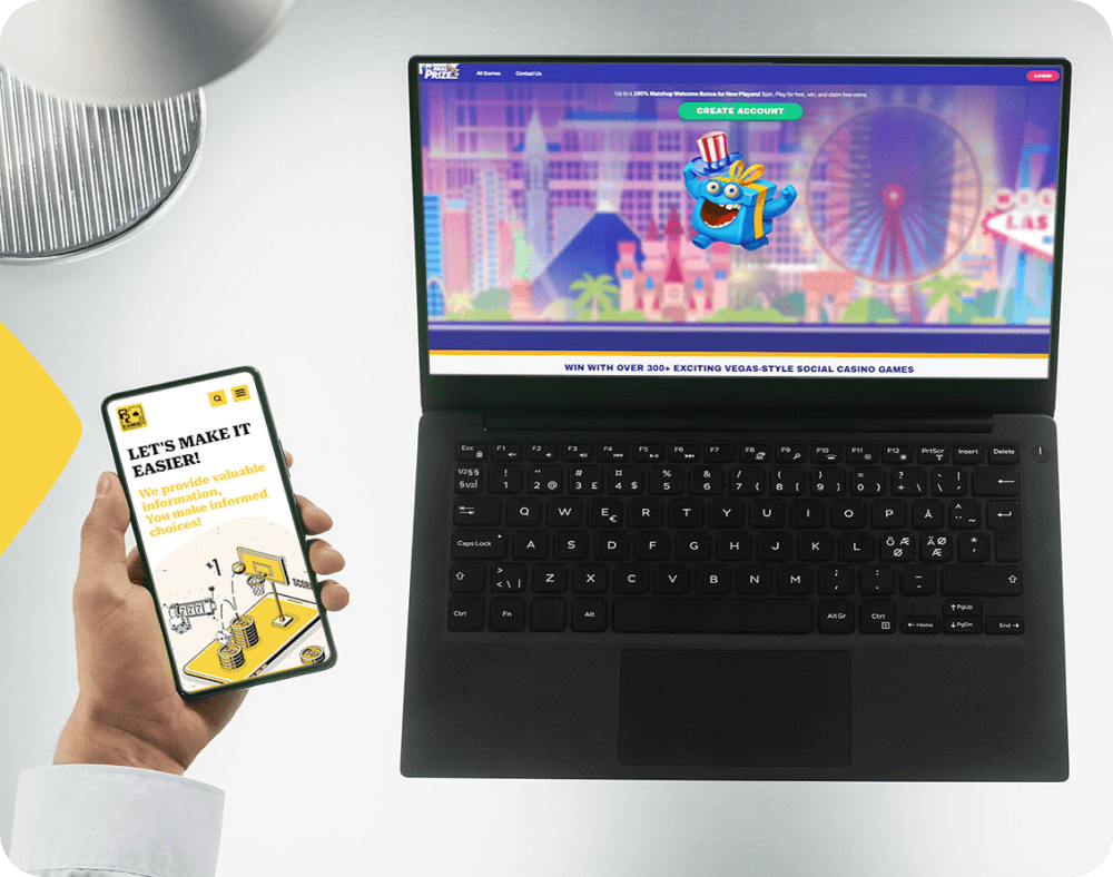 Person holding a smartphone next to a laptop, displaying RealPrize Casino.